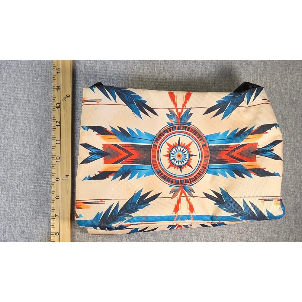Southwestern Tribal Print Insulated Lunch Bag Sunburst Feather Pattern Tan